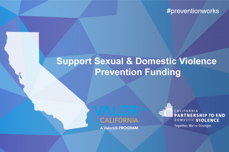 Fondo verde azulado, azul y morado con California en blanco. Apoye la financiación para la prevención de la violencia sexual y doméstica #PreventionWorks con los logotipos de ValorCalifornia y CPEDV