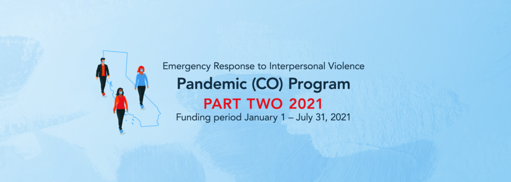 Respuesta de emergencia a la violencia interpersonal: texto de la segunda parte del programa Pandemic (CO) 2021 con fondo azul claro con el logotipo de ValorYS y el contorno de Claifornia con tres dibujos de personas con máscaras