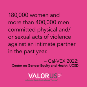 180,000 mujeres y más de 400,000 hombres cometieron actos de violencia física y/o sexual contra una pareja íntima en el último año.Cal-VEX 2022: Center on Gender Equity and Health, UCSD