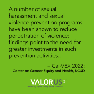 A number of sexual harassment and violence prevention programs have been shown to reduce perpetration of violence; findings point to the need for greater investments in such prevention activities... Cal-VEX 2022: Center on Gender Equity and Health, UCSD