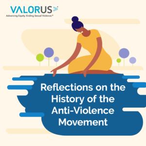 Reflections on the History of the Anti-Violence Movement. Woman sitting with her hand in water. Valor U.S. logo and tagline.