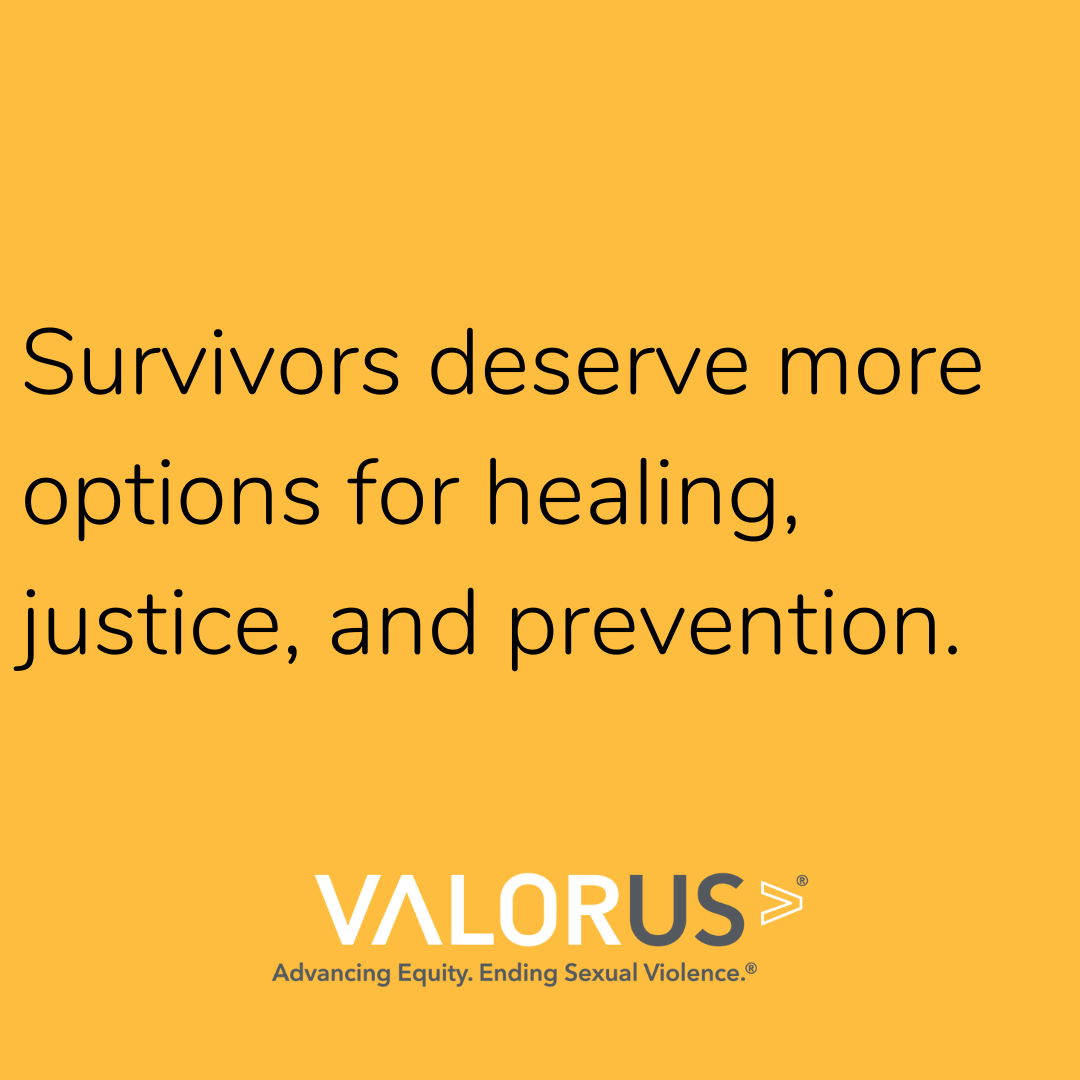 Survivors deserve more options for healing, justice, and prevention. Valor U.S. logo & tagline.