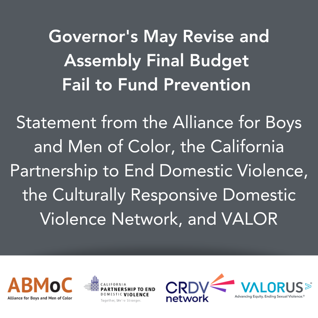 La revisión del gobernador en mayo y el presupuesto final de la Asamblea no financian la prevención. Declaración de Alliance for Boys and Men of Color, California Partnership to End Domestic Violence, Culturally Responsive Domestic Violence Network y VALOR.