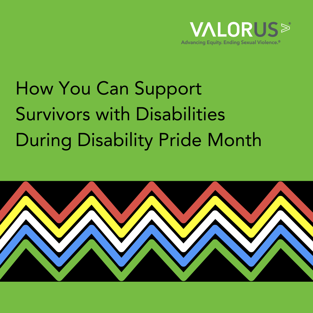 Green background with VALOR logo. Text on the graphic that says, "How you can support survivors with disabilities during disability pride month." Disability pride month flag at the bottom of the graphic.