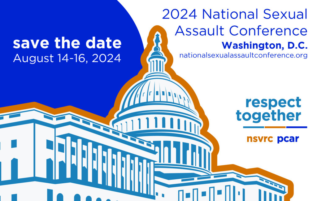 Capitolio de Estados Unidos. Reserva. 14 al 16 de agosto de 2024. Conferencia Nacional sobre Agresión Sexual 2024. Logotipo de Washington, DC Respetar juntos.