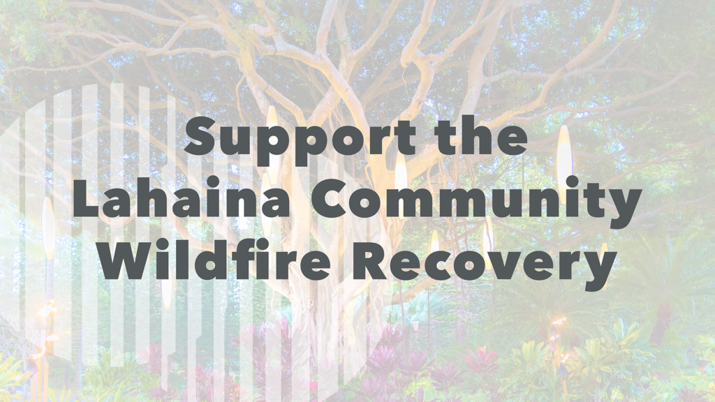 Support the Lahaina Community Wildfire Recovery. Background image of a large tree with colorful flowers.