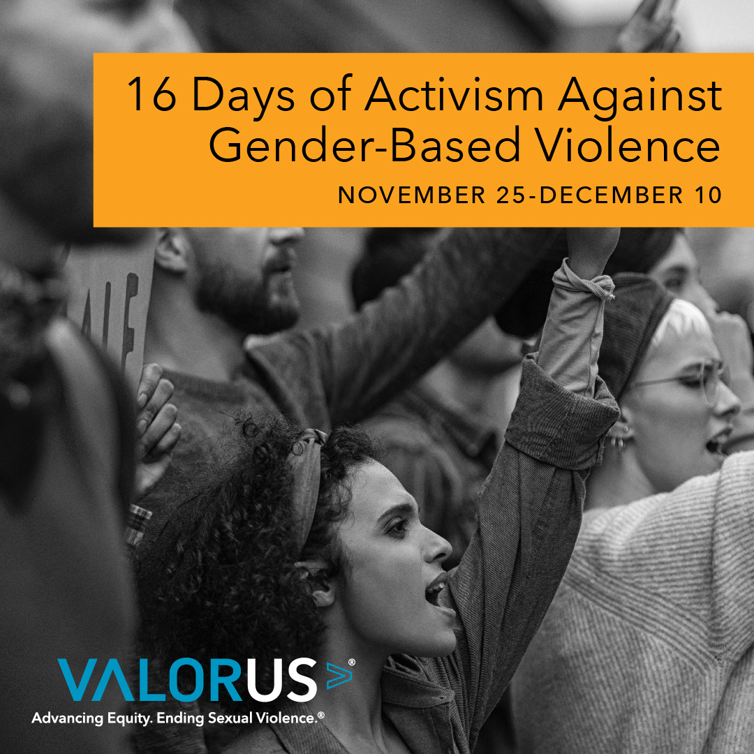 Black and white image of people at a protest holding up their fists. Text over the image that says , "16 days of activism against gender-based violence. November 25 - December 10."
