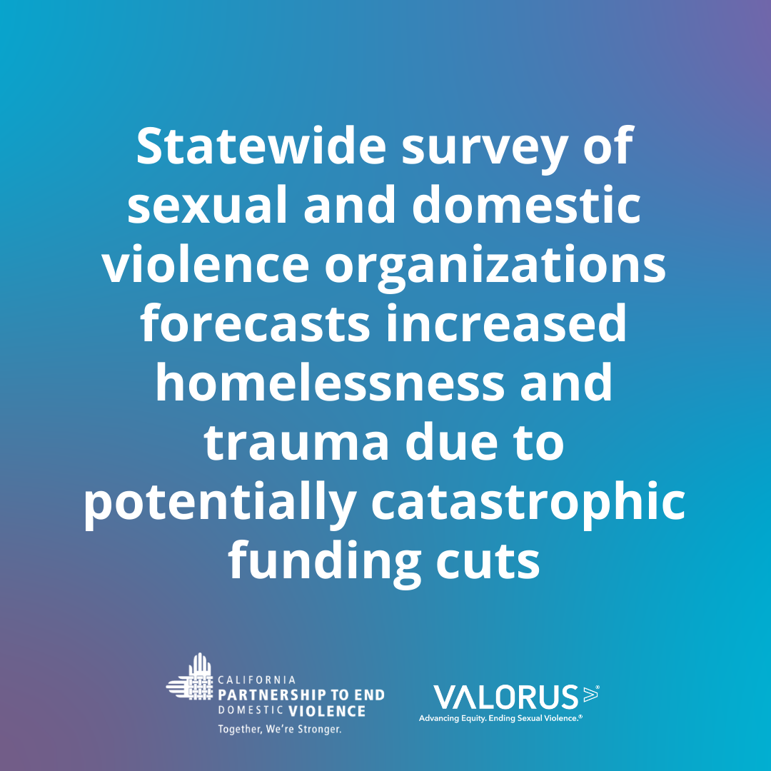 Fondo azul y morado degradado con texto blanco que dice: "Una encuesta estatal de organizaciones contra la violencia sexual y doméstica pronostica un aumento de la falta de vivienda y el trauma debido a recortes de fondos potencialmente catastróficos".