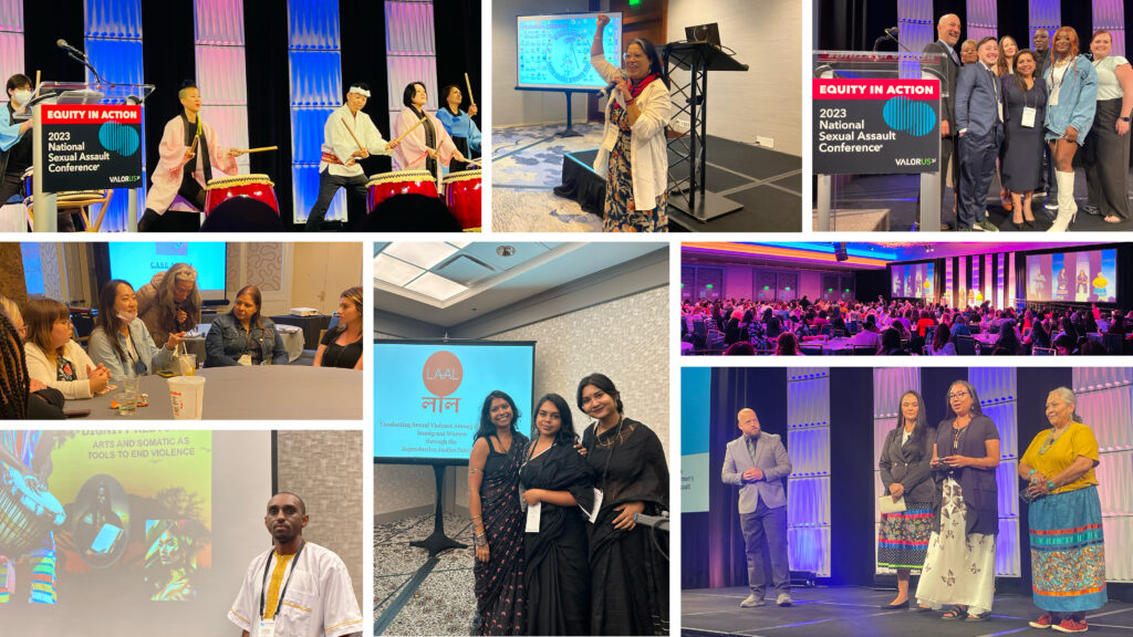 Clockwise, a collage of National Sexual Assault Conference photos. Five Taiko drummers on a stage. A woman from ¡Ya Basta! raising her fist and holding a microphone. VALOR staff posing for a photo with plenary speakers. A landscape photo of the plenary session. Nicole Matthews, Executive Director of Minnesota Indian Women’s Sexual Assault Coalition, Keely Linton, Executive Director of Strong Hearted Native Women's Coalition, and Leanne Guy, Executive Director of Southwest Indigenous Women’s Coalition standing on a stage next to an ASL interpreter. Three women from Laal posing for a photo. Marcell Woodruff from Influencers for Justice posing for a photo. 