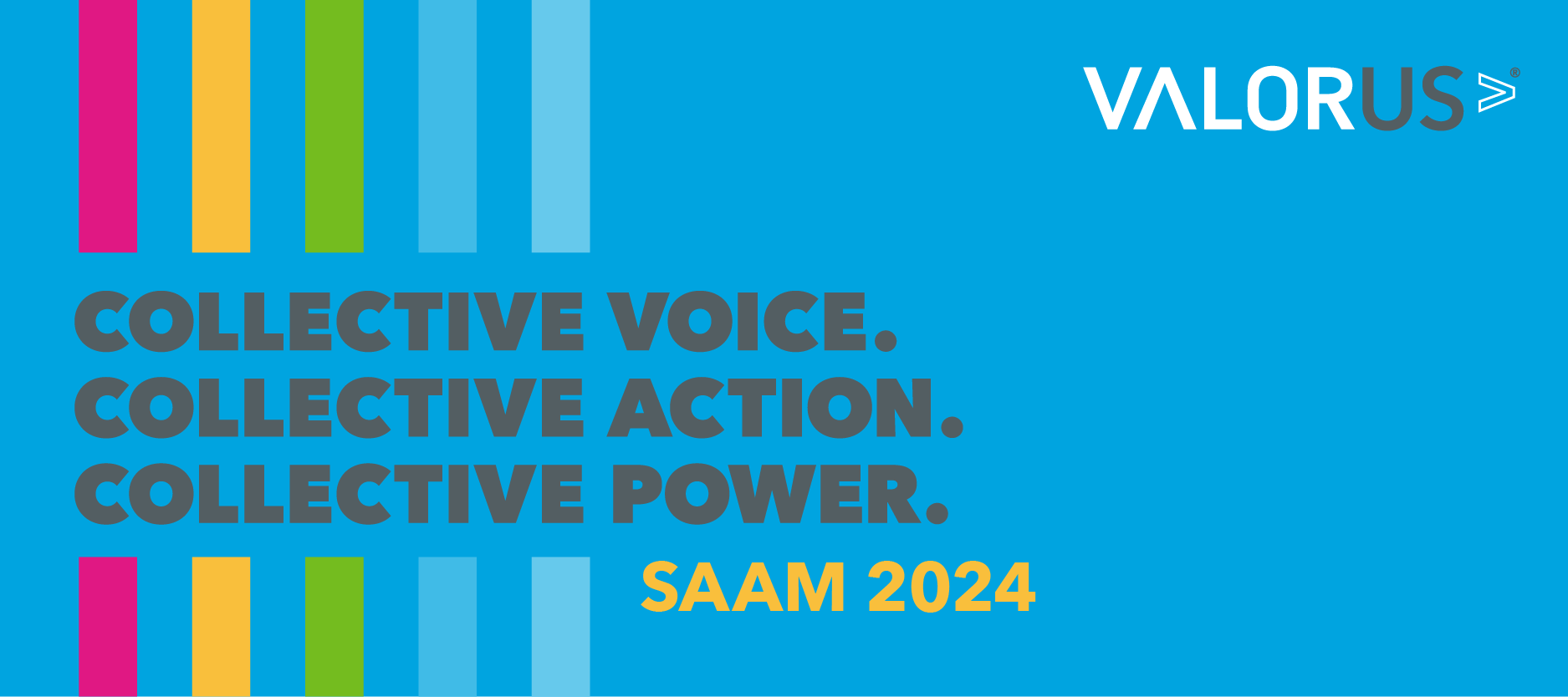 Dark blue background with vertical pink, yellow, green, teal, and light blue stripes. Text on the screen says, "Collective voice. Collective action. Collective power. SAAM 2024." VALOR logo.