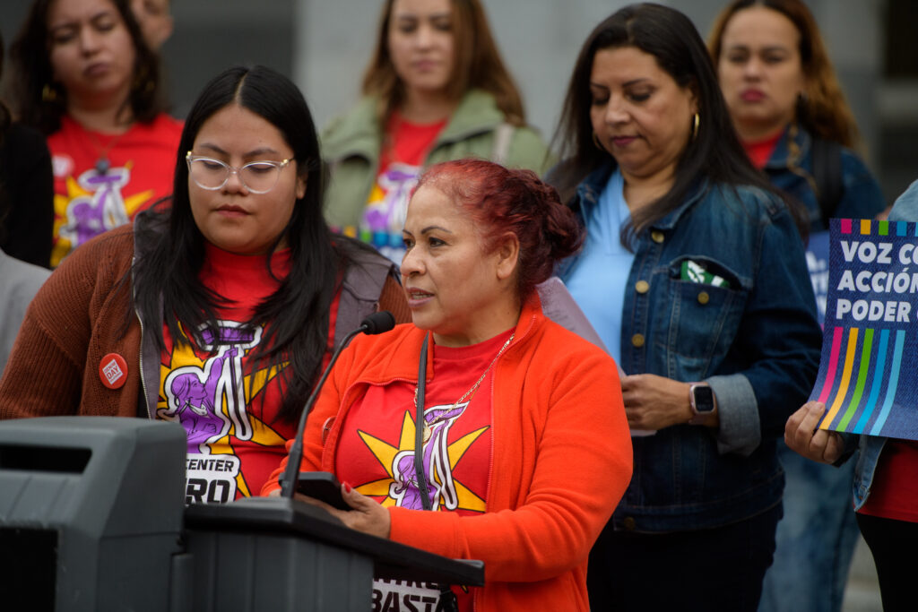 Guadalupe Ramos speaking at VALOR's California Denim Day Rally 2024. 