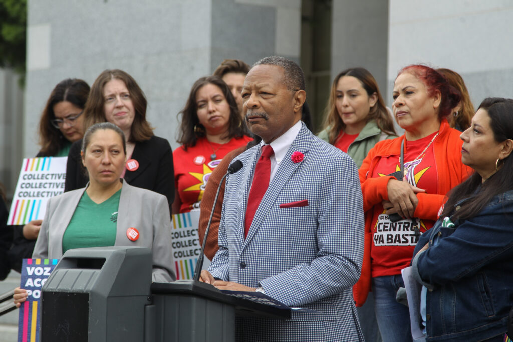 Assemblymember Reggie Jones-Sawyer speaking at VALOR's California Denim Day Rally 2024. 