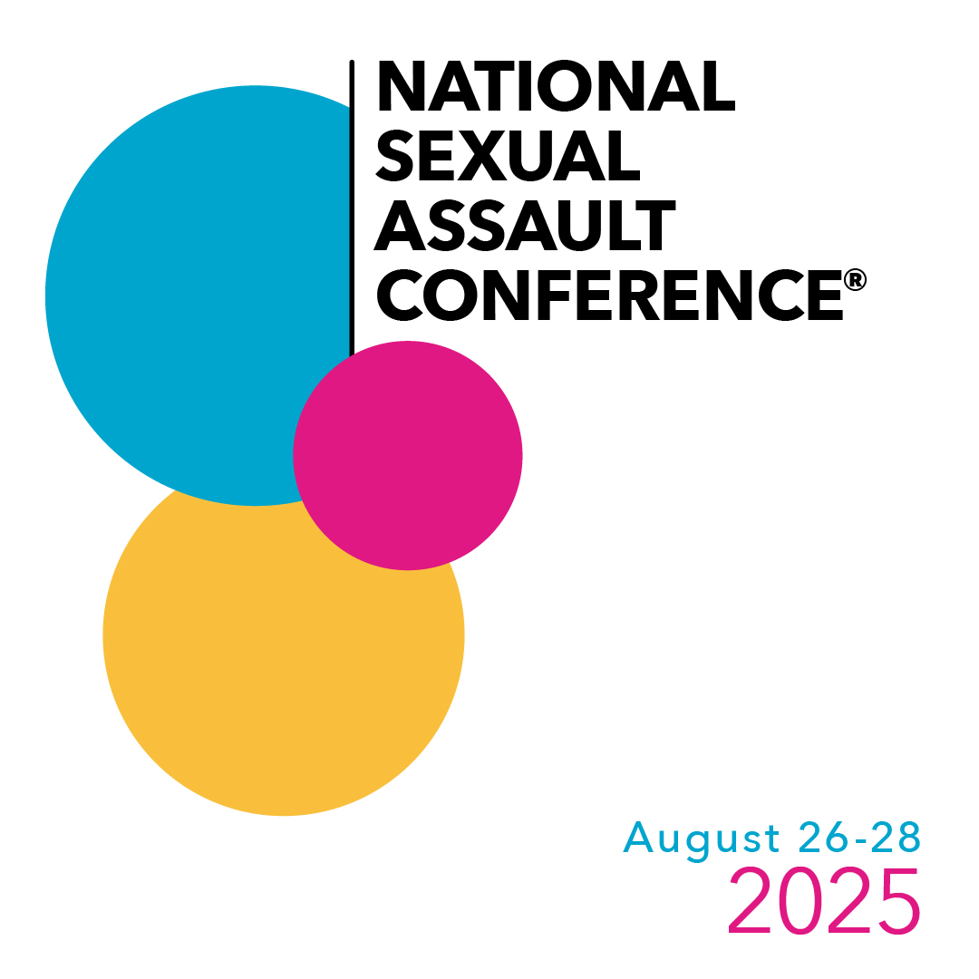 Multi-colored circles with black text next to them that reads, "National Sexual Assault Conference®." On the bottom right, multi-colored text reads, "August 26-28, 2025."