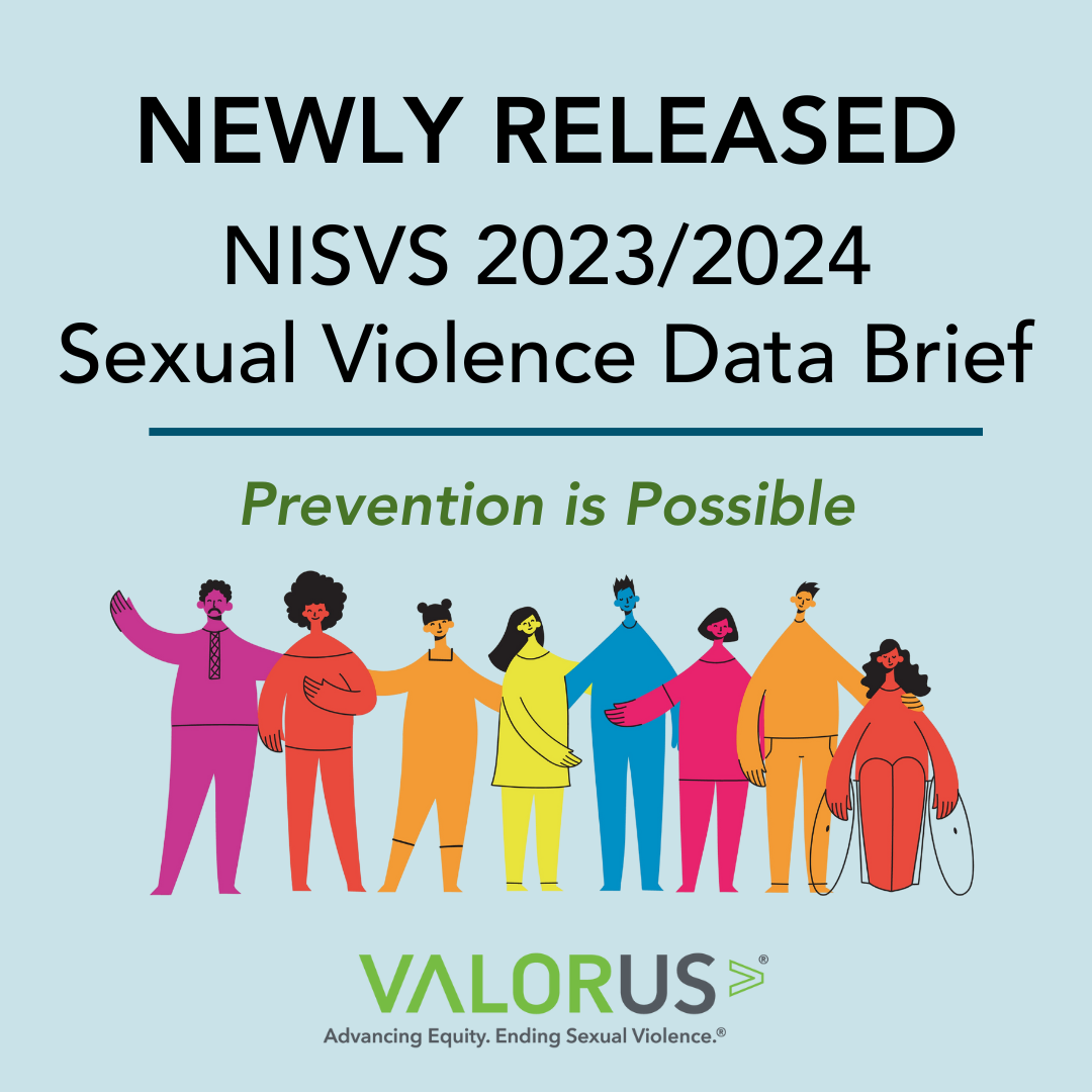 Light blue background with black text that reads, "Newly Released NISVS 2023/2024 Sexual Violence Data Brief." There is a blue line bisecting the text, and underneath the line, italicized green text reads, "prevention is possible." Underneath the text is a multicolored graphic drawing of people. VALOR logo.