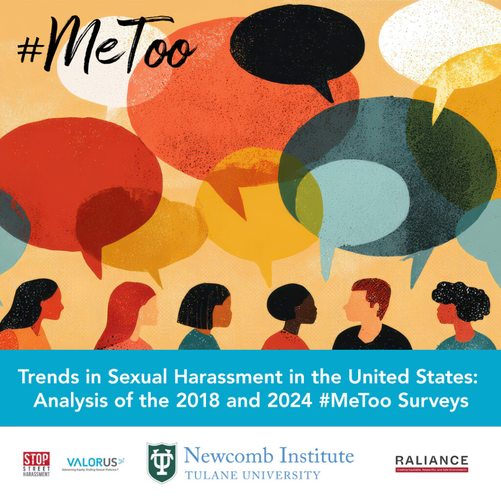 "Trends in Sexual Harassment in the United States: Analysis of the 2018 and 2024 #MeToo Surveys." Logos for VALOR, the Newcomb Institute at Tulane University, Stop Street Harassment, and RALIANCE.