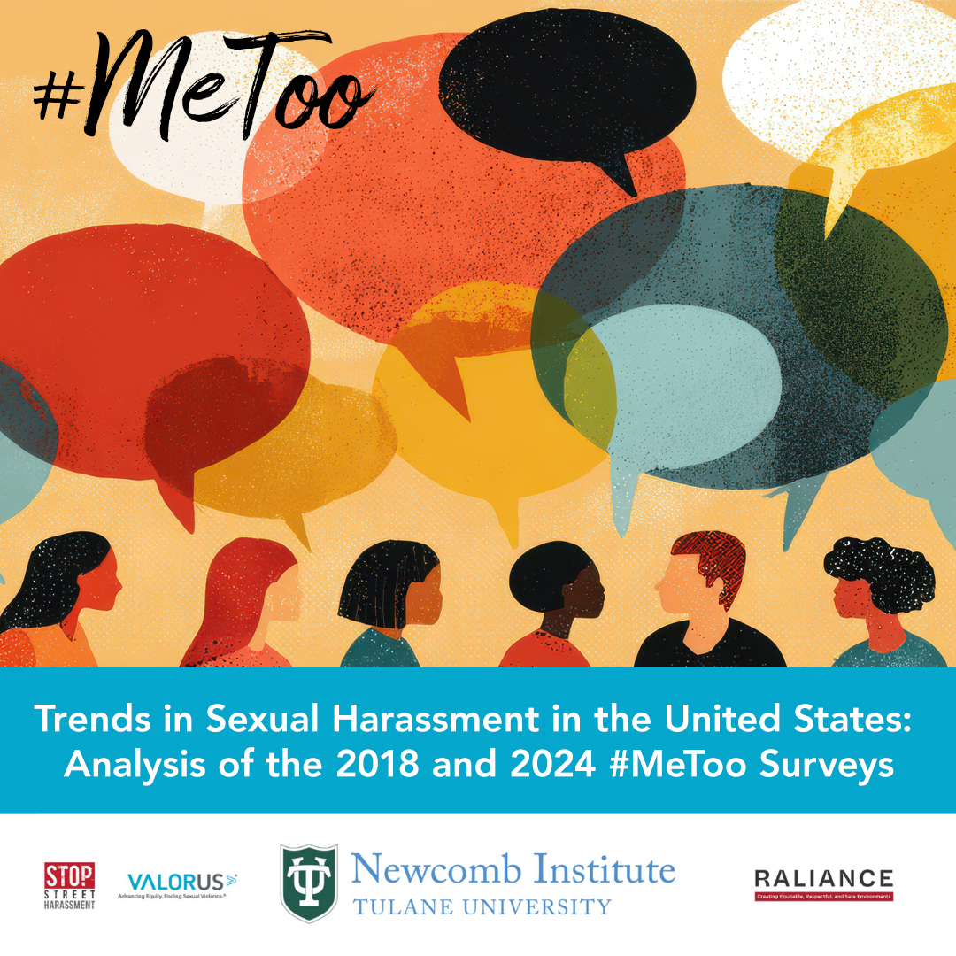 "Trends in Sexual Harassment in the United States: Analysis of the 2018 and 2024 #MeToo Surveys." Logos for VALOR, the Newcomb Institute at Tulane University, Stop Street Harassment, and RALIANCE.